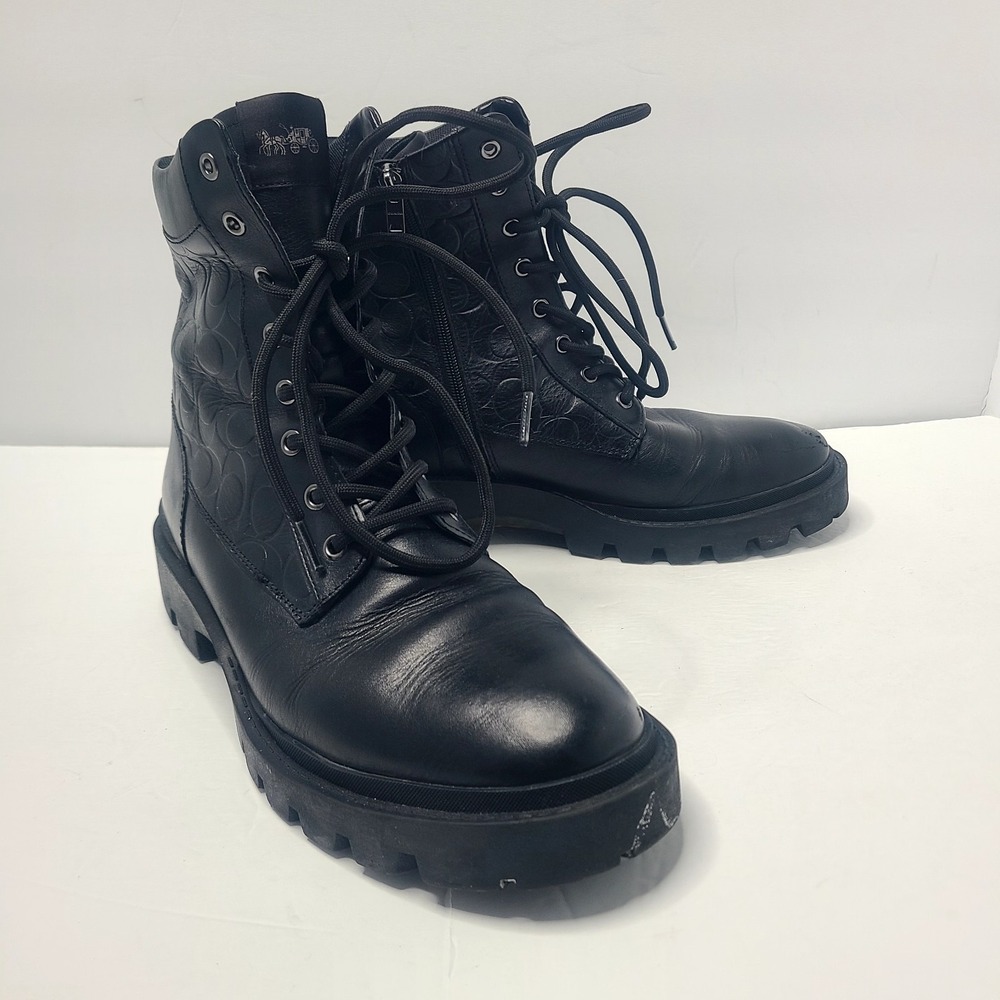 Coach Men's Citysole Black Embossed Logo‎ Leather Combat Boot Size 10.5D